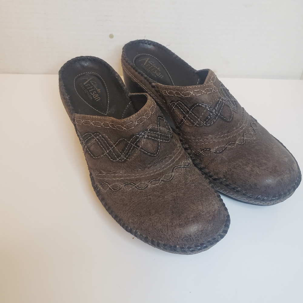 Clarks Artisan‎ Mules Brown Leather Embroidered Wedge clog Heels Womens 8